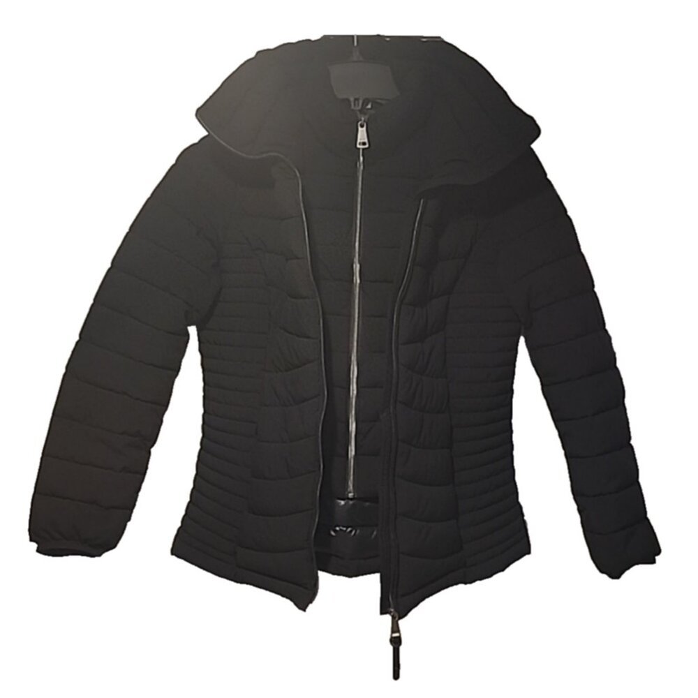 DKNY size SMALL Bib Front Puffer winter Jacket Womens Black coat with hood